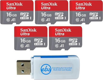 SanDisk 16GB Micro Ultra Memory Card (5 Pack Bundle) 98MB/s Speed Class 10, SDHC Works with Android Phones, Galaxy Tablets (SDSQUAR-016G-GN6MN) Plus 1 Everything But Stromboli (TM) MicroSD Card Reader