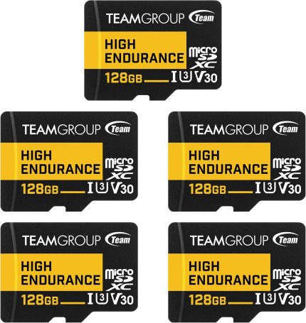 TEAMGROUP HIGH Endurance 128GB 5 Pack Micro SDXC UHS-I U3 V30 100MB/s Designed for Monitoring Stable Durable Long Lasting Flash Memory Card Security Camera 4K&Full HD Video Recording THUSDX128GIV3068